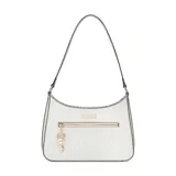 Cartera de mano Guess color blanco con estampado del logo de la marca en toda la superficie. Tiene cierre superior, bolsillo frontal con cierre, asa corta y correa larga desmontable. Incluye llavero con dijes de la marca.