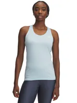 Musculosa deportiva Under Armour HeatGear Armour para mujer, color celeste con logo reflectivo en el pecho.