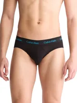 Pack de tres slips negros de algodón elástico con cintura elástica con logo Calvin Klein en colores azul, rosa y gris.