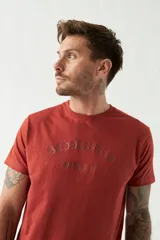 Remera gris de algodón con logo estampado en el pecho, cuello redondo y mangas cortas.