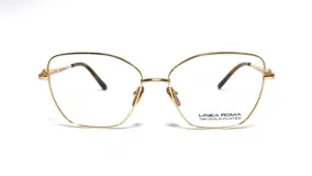 Armazón de anteojos de metal dorado con forma geométrica.