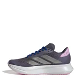 Championes de running Adidas Duramo SL 2, color gris oscuro con detalles en azul eléctrico, lila y rosado. Presentan una malla transpirable, tres franjas laterales plateadas y una suela gruesa blanca con detalles de color en la parte inferior.