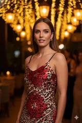 Vestido midi con estampado animal print y flores rojas, de breteles finos y corte al bies.