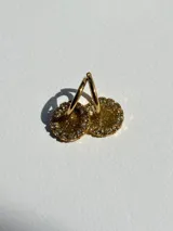 Par de aros dorados con dije circular de resina color terracota con glitter y borde de strass.