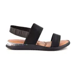 Sandalias bajas negras con dos tiras anchas sobre el empeine y una tira elástica trasera. Suela de goma con cámara de aire transparente.