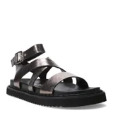 Sandalias plateadas con tiras cruzadas y hebilla al tobillo. Plataforma plana con suela de goma negra.