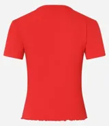 Blusa color beige de viscosa con elastano, de manga corta, cuello redondo, textura acanalada y bajo ondulado.