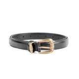 Cinto negro de cuero con hebilla dorada estilo western.