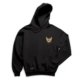 Canguro negro de algodón con capucha y cordón ajustable. Estampado dorado en el pecho con un ojo alado y el texto "EMEXEM".