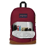Mochila JanSport Right Pack color borgoña con base de gamuza marrón, logo de la marca en el frente y compartimento interno para laptop.