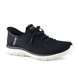 Championes deportivos Skechers Hands Free Slip-ins, modelo Virtue - Divinity, color negro con cordones elásticos y suela blanca. Fabricados con materiales veganos, capellada de tejido Stretch Fit, plantilla acolchada Skechers Air-Cooled Memory Foam y tecnología Heel Pillow.