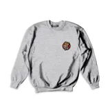 Buzo gris de algodón con cuello redondo, mangas largas y parche bordado en el pecho con un diseño de porción de pizza y la frase "It's Just Love".