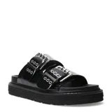 Sandalias negras con plataforma, doble tira ancha con hebillas plateadas y suela track.