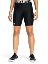 Calza corta de lycra negra Under Armour HeatGear, con cintura alta con logo y logo estampado en la pierna izquierda.