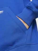 Canguro azul eléctrico con capucha y cordones ajustables, bolsillo tipo canguro y logo estampado en el pecho.