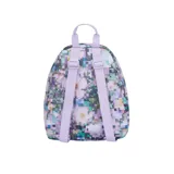 Mochila JanSport Half Pint con estampado de flores pixeladas en tonos pastel y detalles en lila.