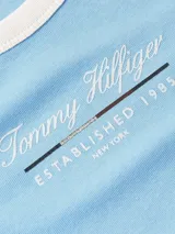 Remera celeste de algodón con corte slim, cuello redondo y mangas raglán con ribetes blancos. Estampado frontal con el logo de Tommy Hilfiger.