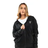 Campera negra con cierre frontal, capucha y bolsillos laterales.