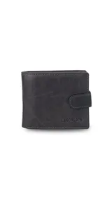 Billetera de cuero marrón claro con efecto desgastado, diseño plegable con broche de presión en la solapa. Presenta el logo "Lincoln's" grabado en la parte frontal inferior.