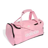 Bolso Adidas Duffel color rosa con detalles en negro y logo en blanco.