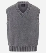 Chaleco masculino de punto con cuello en V, diseño boxy, barras contrastantes y efecto desteñido.