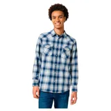 Camisa Wrangler de hombre, corte western, a cuadros en tonos azul, gris y blanco.