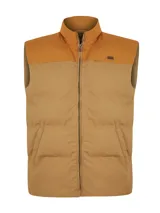 Chaleco inflable color marrón claro con cuello alto y cierre frontal con cremallera. Tiene dos bolsillos laterales y un bolsillo en el pecho con cierre.