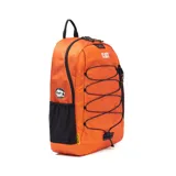 Mochila azul con logo de Caterpillar en blanco, con bolsillo frontal con cordones elásticos cruzados, bolsillos laterales de malla y elementos reflectantes.