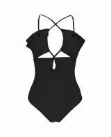 Traje de baño entero negro con escote halter, breteles finos cruzados en la espalda y detalle de volados en el escote.
