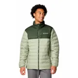 Campera puffer Columbia Powder Lite II, color verde oliva en la parte superior y verde claro en la parte inferior. Con cierre frontal, cuello alto, bolsillos laterales con cierre y logo de la marca bordado en el pecho.