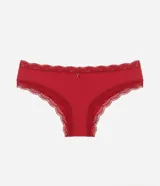 Bombacha bikini roja de poliamida con detalles de encaje y dije de cereza.