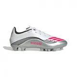 Championes de fútbol Adidas F50 Messi Club, color blanco con detalles en plateado, negro y rosa.