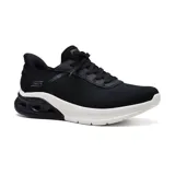 Championes deportivos Skechers Slip-ins Bobs Sport Arc Waves 2.0, color negro con suela blanca. Diseñados con tecnología Hands Free Slip-ins, Heel Pillow, plantilla Memory Foam y entresuela Glide-Step.
