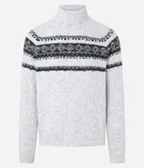 Suéter de punto gris con cuello alto y manga larga. Presenta textura jacquard y estampa horizontal étnica en tonos negros.