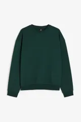 Buzo en tejido liviano de mezcla de algodón color verde oscuro, con cuello redondo ribeteado y corte holgado.