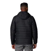 Campera Columbia con capucha, color verde oliva en la parte superior y gris claro en la parte inferior. Cuenta con cierre frontal, bolsillos laterales con cierre y logo de la marca en el pecho.
