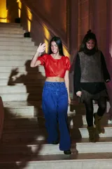 Top corto de cuero rojo con cuello redondo y mangas cortas abullonadas.