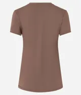 Remera deportiva marrón de poliamida con cuello redondo, mangas cortas y estampa "MOVE" en el pecho.