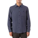 Camisa de franela azul con botones marrones, manga larga y bolsillo en el pecho. Corte clásico.