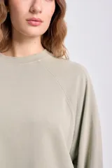 Sudadera de manga larga color beige claro con cuello redondo y mangas raglán.