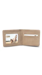 Billetera marrón de símil cuero lisa con galón elastizado a rayas blancas y marrones. Interior con doble repartición para billetes, visor y tarjeteros.