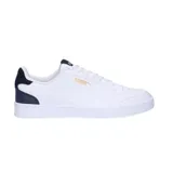 Championes Puma Shuffle de hombre, color blanco con detalles en azul marino y dorado.
