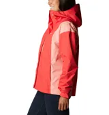 Campera impermeable Columbia Hikebound para mujer, color rojo con paneles laterales en rosa claro. Cuenta con tecnología Omni-Tech, capucha ajustable, bolsillos con cierre y puños ajustables.