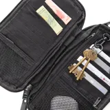 Bandolera porta documentos negra de tela con correa ajustable. Tiene cierre principal, bolsillo interno con cierre, bolsillo externo con cierre y varios compartimentos para tarjetas y billetes.