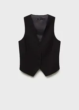 Chaleco negro con cuello en pico, diseño crop y cierre frontal con botones.