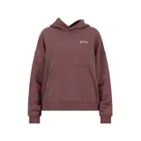 Buzo hoodie color marrón con logo de New Balance estampado en el pecho. Tiene capucha, bolsillo tipo canguro, mangas largas con puños acanalados y dobladillo acanalado.