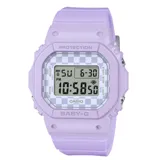 Reloj digital Casio Baby-G modelo BGD565GS-6DR, con caja y correa de resina color violeta y esfera con diseño a cuadros.
