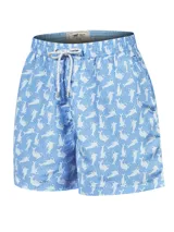 Short de baño celeste con estampado de caballitos de mar rosados. Tiene cintura elástica con cordón ajustable, bolsillos laterales y traseros.