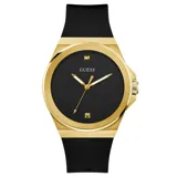 Reloj Guess modelo GW0790G1 con caja redonda dorada de acero inoxidable de 44mm, esfera negra con detalles dorados y correa de silicona negra. Resistente al agua hasta 30 metros.