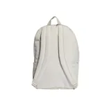 Mochila Adidas color gris claro con logo de Adidas en amarillo. Tiene un compartimento principal con cierre, un bolsillo frontal con cierre, bolsillos laterales sin cierre y correas acolchadas ajustables.